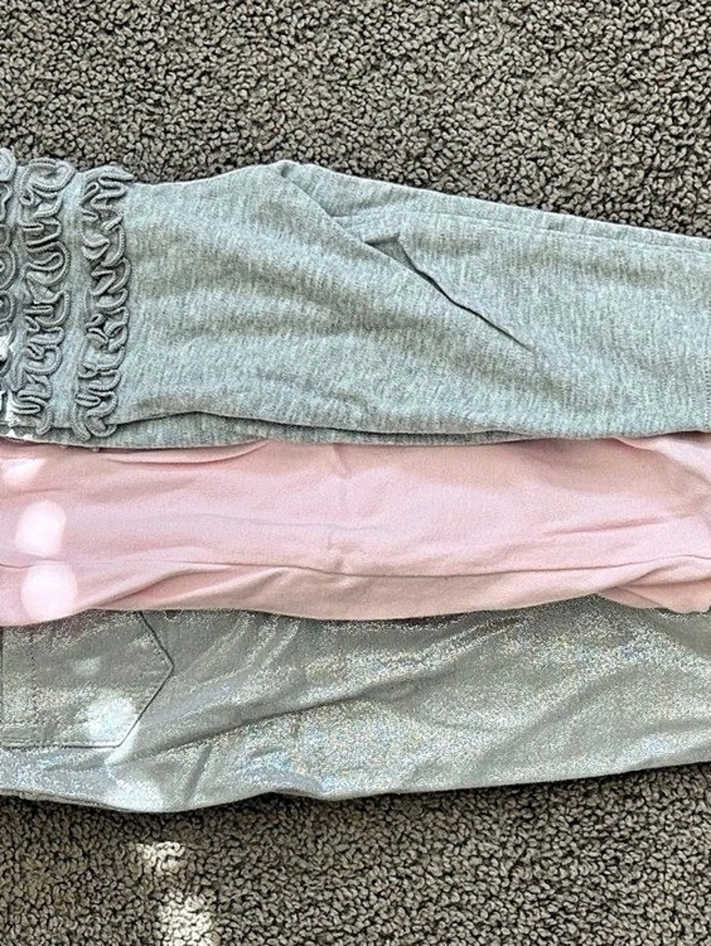 Gray, pink and silver leggings.